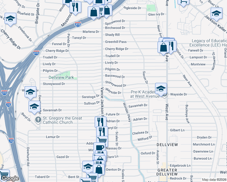 map of restaurants, bars, coffee shops, grocery stores, and more near 327 Wayside Drive in San Antonio