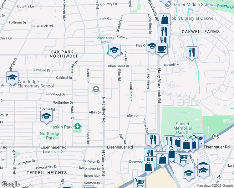 map of restaurants, bars, coffee shops, grocery stores, and more near 7406 Bridgewater Drive in San Antonio