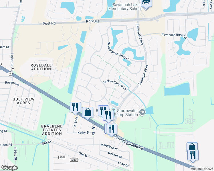 map of restaurants, bars, coffee shops, grocery stores, and more near 14005 Garden Brook Court in Rosharon