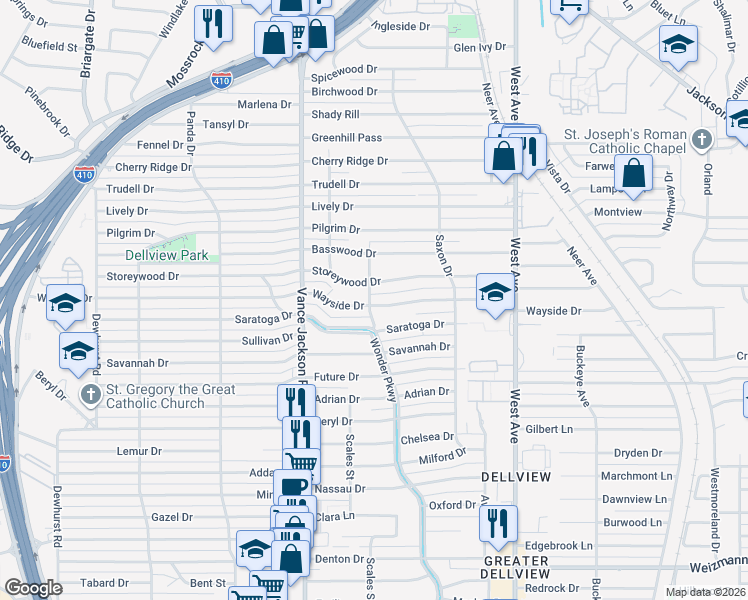 map of restaurants, bars, coffee shops, grocery stores, and more near 271 Wayside Drive in San Antonio