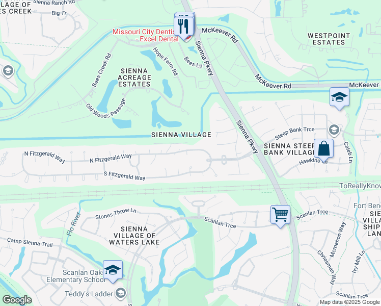 map of restaurants, bars, coffee shops, grocery stores, and more near 3911 Gallaher Court in Missouri City