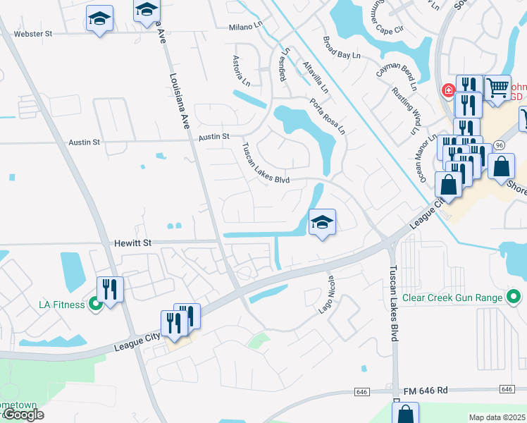 map of restaurants, bars, coffee shops, grocery stores, and more near 2729 Palermo Court in League City