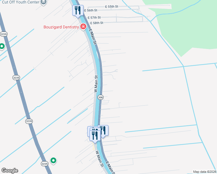 map of restaurants, bars, coffee shops, grocery stores, and more near East 62nd Street in Cut Off