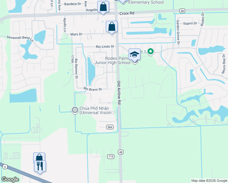 map of restaurants, bars, coffee shops, grocery stores, and more near 12504 Rio Bravo Street in Rosharon