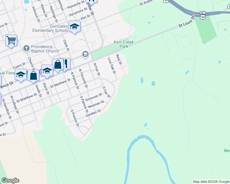 map of restaurants, bars, coffee shops, grocery stores, and more near 215 South Contour Drive in Gonzales