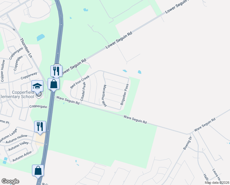 map of restaurants, bars, coffee shops, grocery stores, and more near 10435 Bulwark Peak in Converse