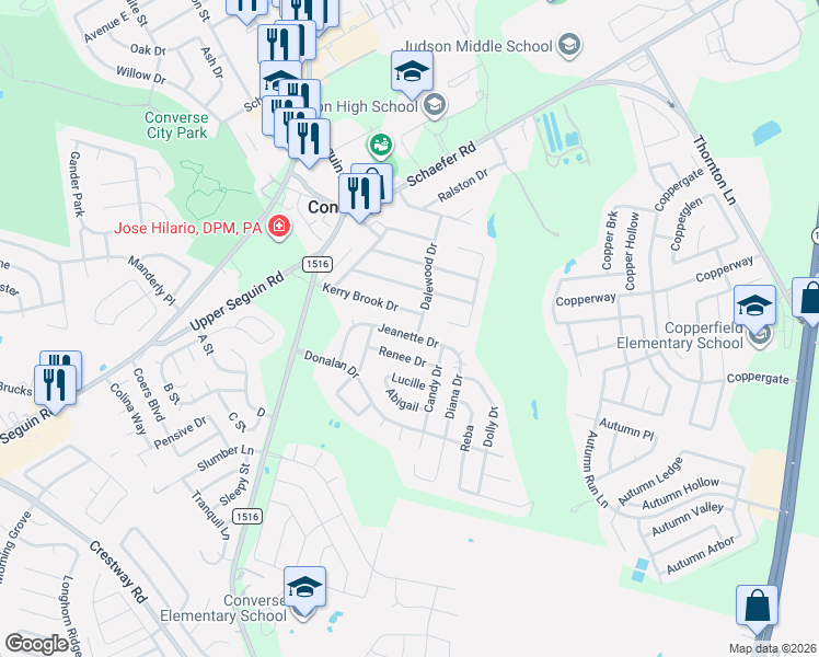 map of restaurants, bars, coffee shops, grocery stores, and more near 333 Jeanette Drive in Converse