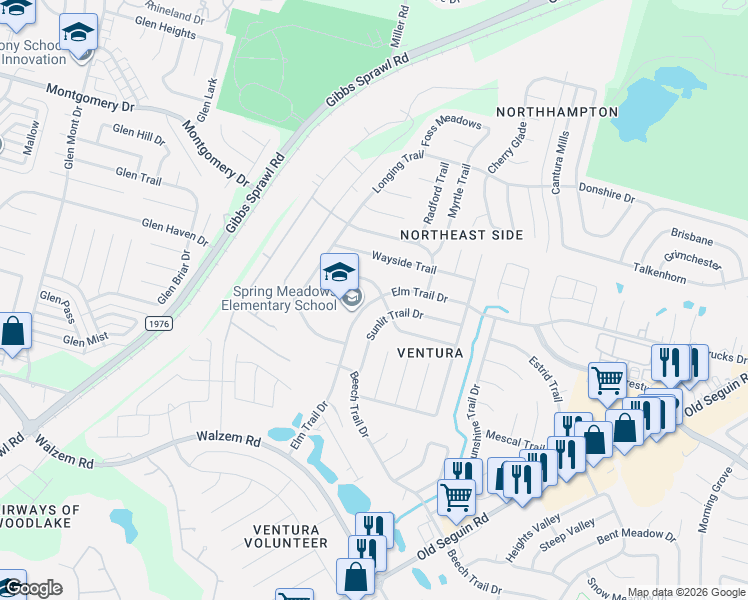 map of restaurants, bars, coffee shops, grocery stores, and more near 7202 Elm Trail Drive in San Antonio