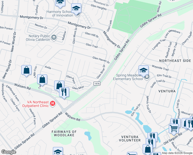 map of restaurants, bars, coffee shops, grocery stores, and more near 7326 Glen Cross Drive in San Antonio