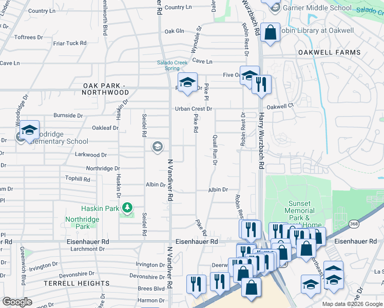 map of restaurants, bars, coffee shops, grocery stores, and more near 7406 Bridgewater Drive in San Antonio