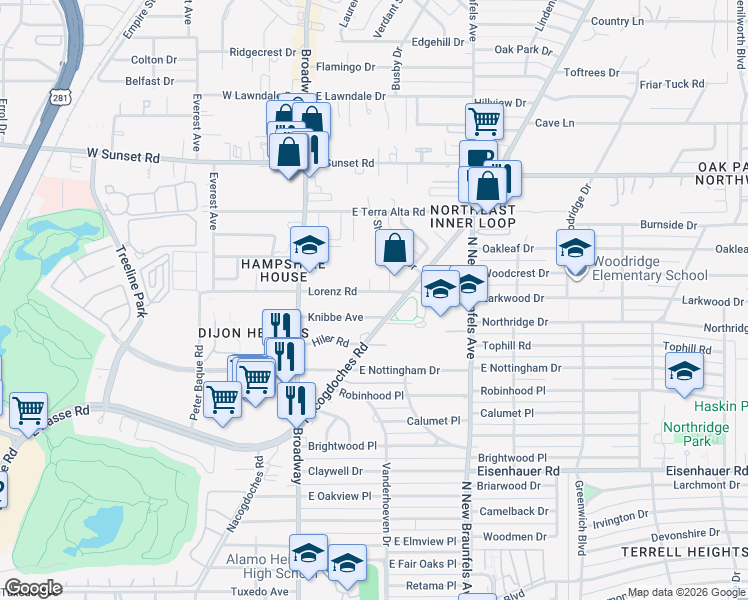 map of restaurants, bars, coffee shops, grocery stores, and more near 274 Lorenz Road in San Antonio