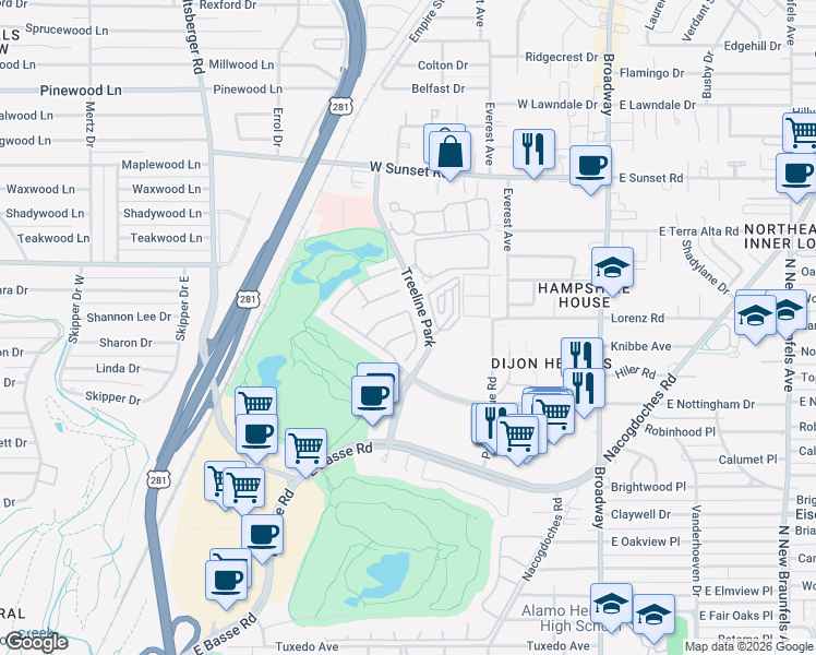 map of restaurants, bars, coffee shops, grocery stores, and more near 101 Bristol Green in San Antonio