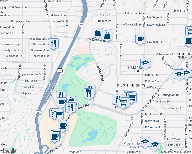 map of restaurants, bars, coffee shops, grocery stores, and more near 4 Seaton Green in San Antonio
