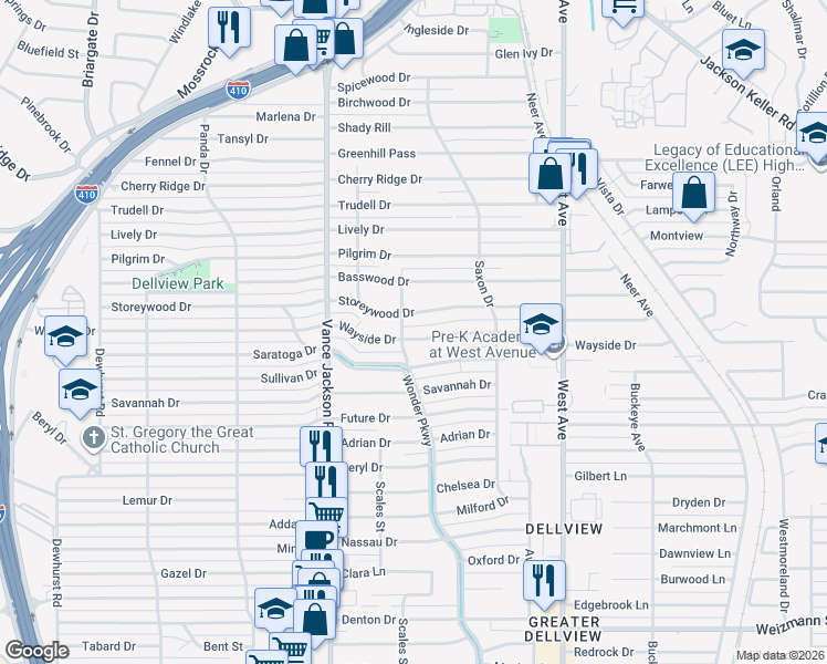 map of restaurants, bars, coffee shops, grocery stores, and more near 271 Wayside Drive in San Antonio
