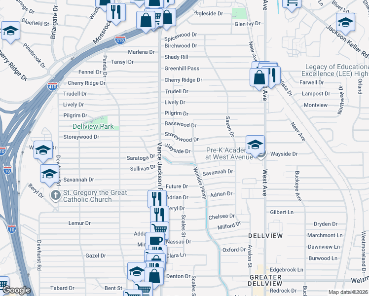 map of restaurants, bars, coffee shops, grocery stores, and more near 327 Wayside Drive in San Antonio
