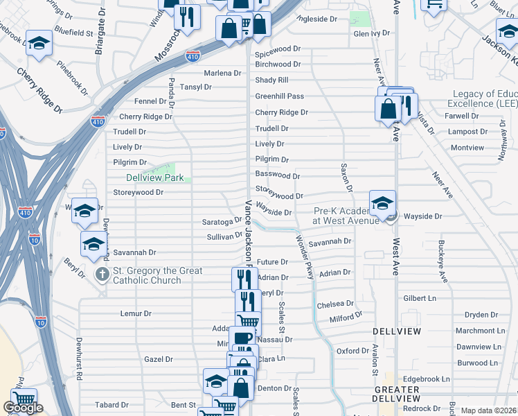 map of restaurants, bars, coffee shops, grocery stores, and more near 354 Wayside Drive in San Antonio