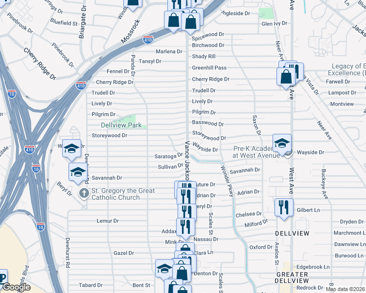 map of restaurants, bars, coffee shops, grocery stores, and more near 354 Wayside Drive in San Antonio