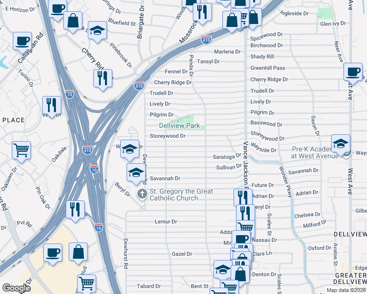 map of restaurants, bars, coffee shops, grocery stores, and more near 542 Wayside Drive in San Antonio