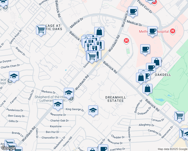 map of restaurants, bars, coffee shops, grocery stores, and more near 7200 Wurzbach Road in San Antonio
