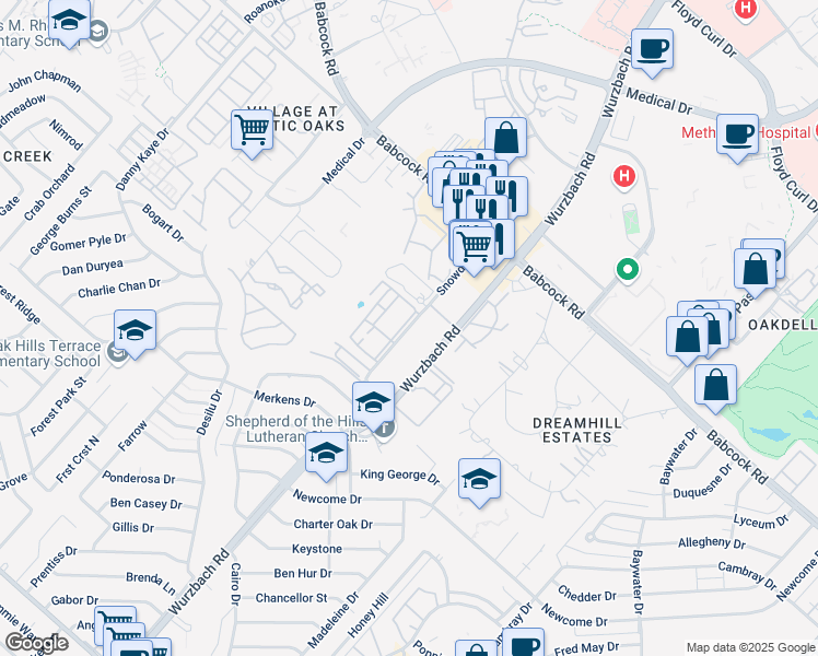 map of restaurants, bars, coffee shops, grocery stores, and more near 7207 Snowden Road in San Antonio
