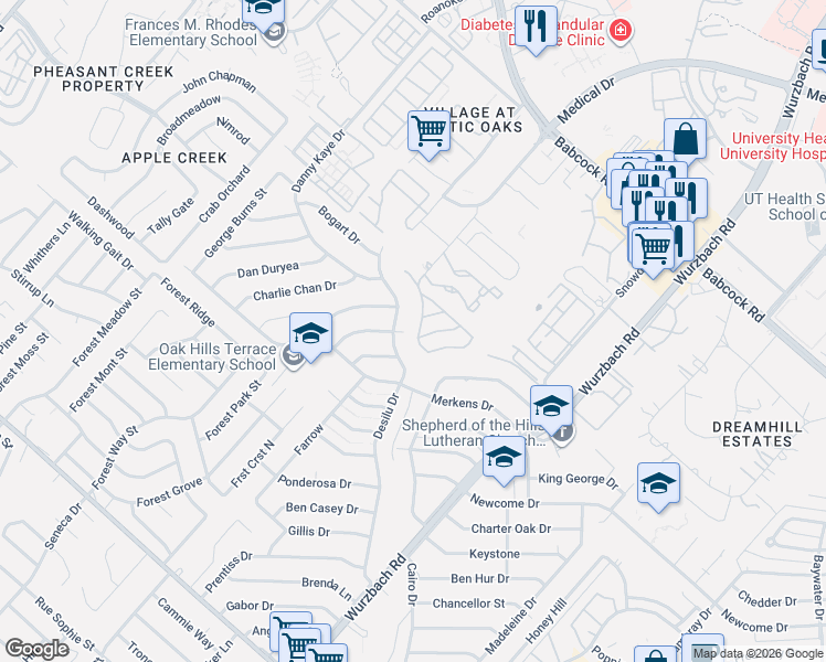 map of restaurants, bars, coffee shops, grocery stores, and more near 7135 Summer Way in San Antonio