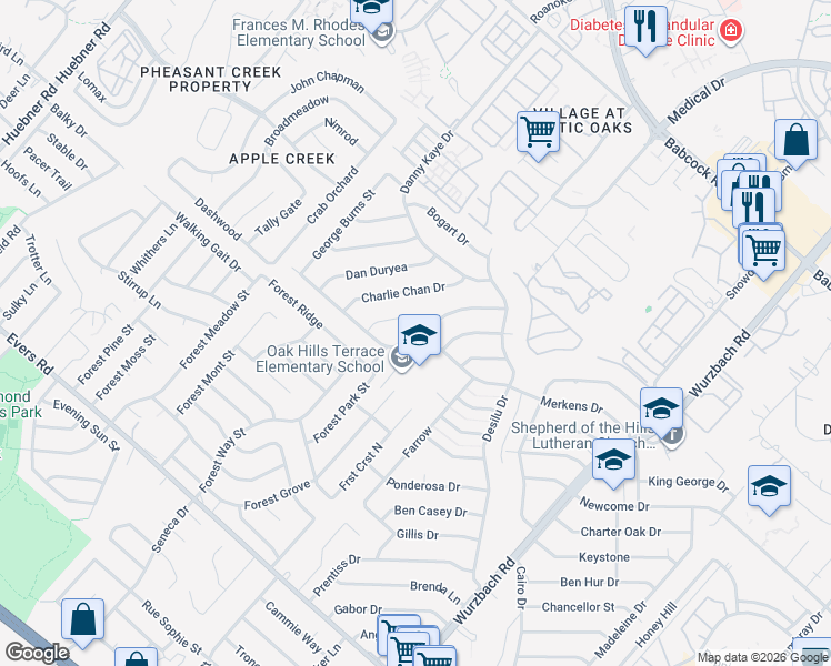 map of restaurants, bars, coffee shops, grocery stores, and more near 5711 Cary Grant Drive in San Antonio