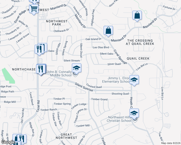 map of restaurants, bars, coffee shops, grocery stores, and more near 4803 Mountain Quail in San Antonio