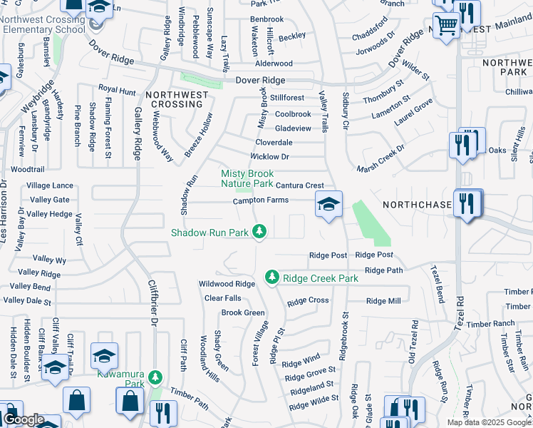 map of restaurants, bars, coffee shops, grocery stores, and more near 6930 Misty Brook in San Antonio