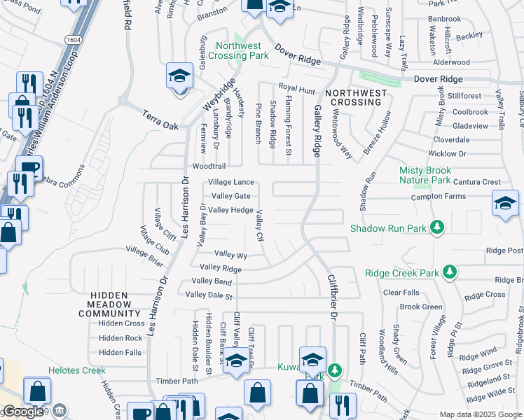 map of restaurants, bars, coffee shops, grocery stores, and more near 6190 Valley Cliff in San Antonio