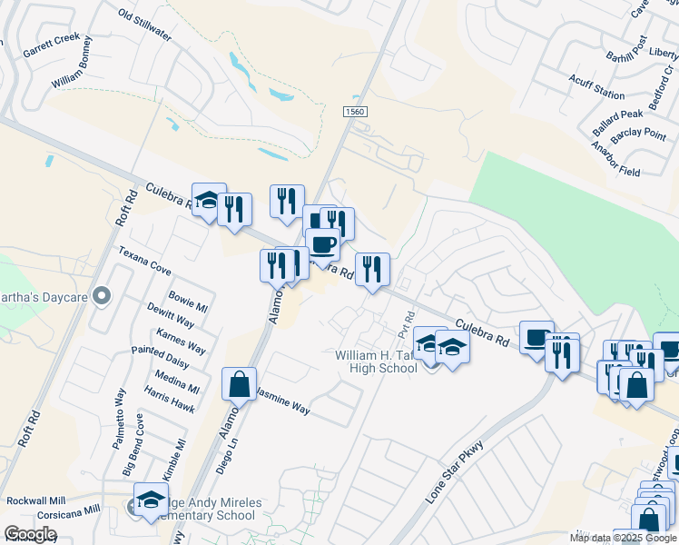 map of restaurants, bars, coffee shops, grocery stores, and more near 11823 Culebra Road in San Antonio