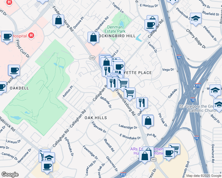 map of restaurants, bars, coffee shops, grocery stores, and more near 5145 Fredericksburg Road in San Antonio