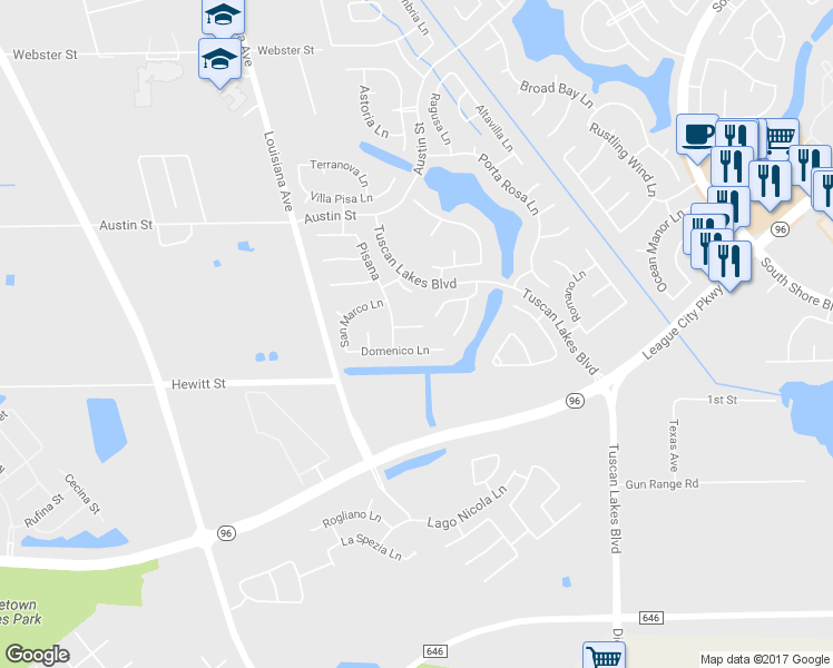 map of restaurants, bars, coffee shops, grocery stores, and more near 2729 Palermo Court in League City