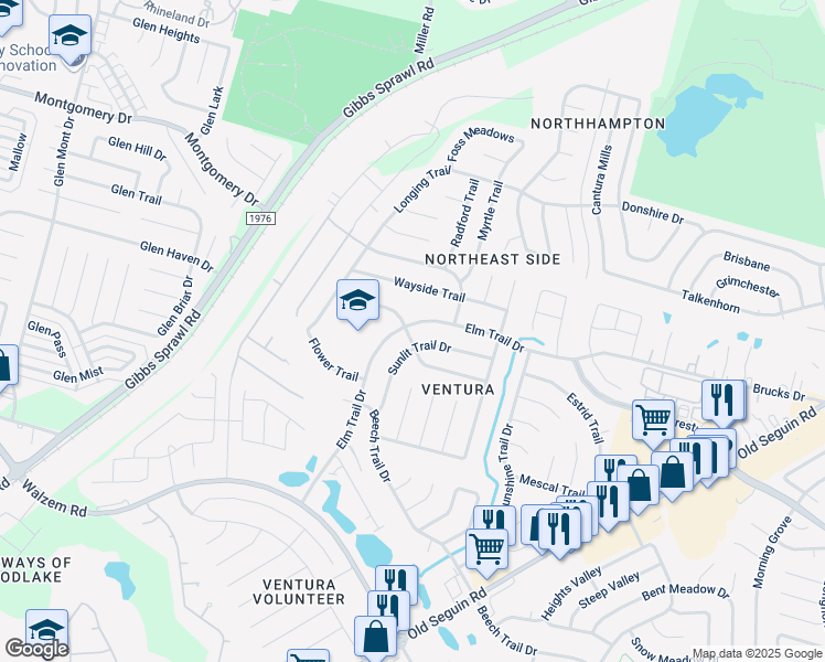 map of restaurants, bars, coffee shops, grocery stores, and more near 7202 Elm Trail Drive in San Antonio