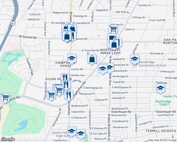 map of restaurants, bars, coffee shops, grocery stores, and more near 274 Lorenz Road in San Antonio