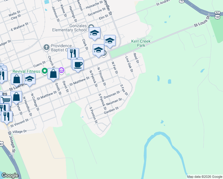 map of restaurants, bars, coffee shops, grocery stores, and more near 1703 Donovan Street in Gonzales