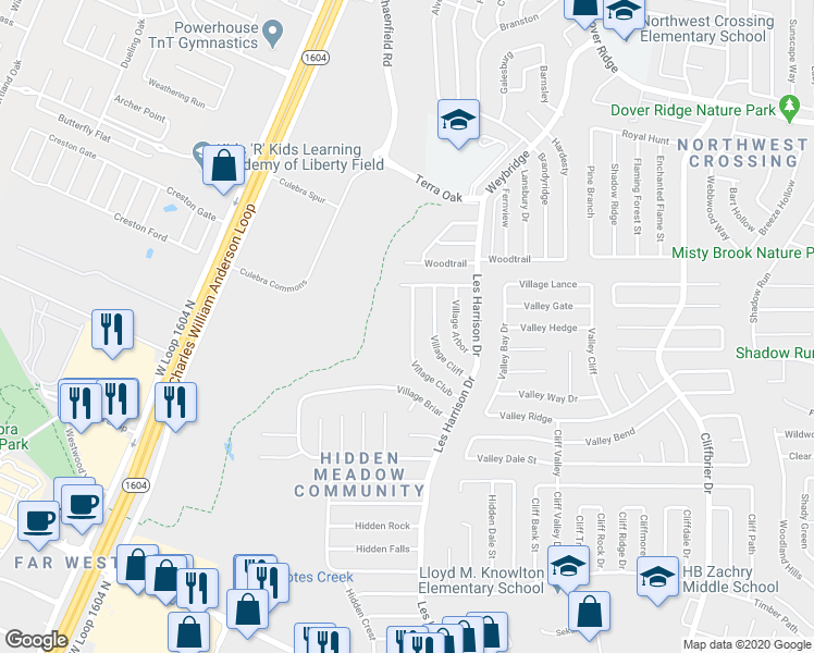map of restaurants, bars, coffee shops, grocery stores, and more near 6359 Village Club in San Antonio
