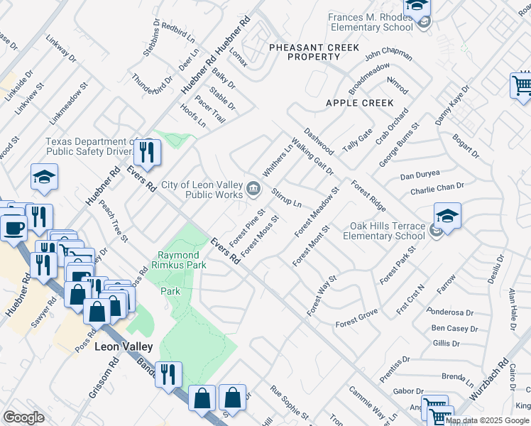 map of restaurants, bars, coffee shops, grocery stores, and more near 7126 Forest Pine Street in San Antonio