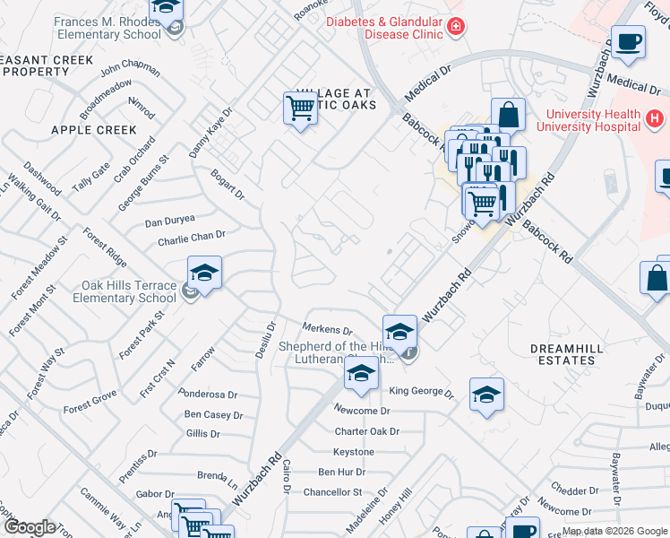 map of restaurants, bars, coffee shops, grocery stores, and more near 5414 Bright Run in San Antonio