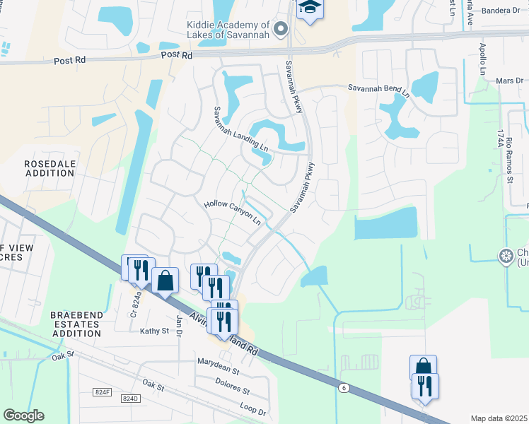map of restaurants, bars, coffee shops, grocery stores, and more near 13804 Castle Bluff Lane in Rosharon