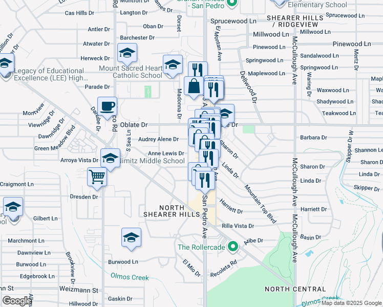 map of restaurants, bars, coffee shops, grocery stores, and more near 214 Grotto Boulevard in San Antonio
