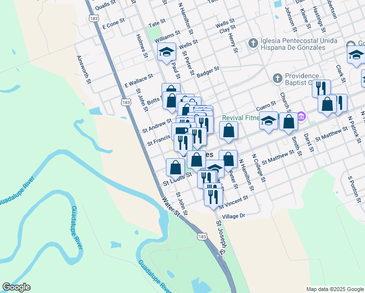 map of restaurants, bars, coffee shops, grocery stores, and more near 519 Saint Joseph Street in Gonzales