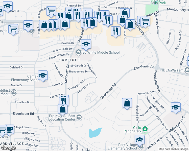 map of restaurants, bars, coffee shops, grocery stores, and more near 5667 Castle Glade in San Antonio