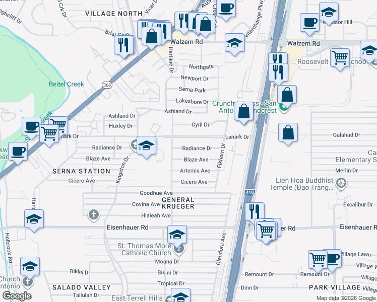 map of restaurants, bars, coffee shops, grocery stores, and more near 539 Blaze Avenue in San Antonio