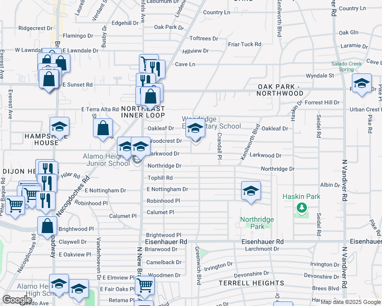 map of restaurants, bars, coffee shops, grocery stores, and more near 226 Larkwood Drive in San Antonio