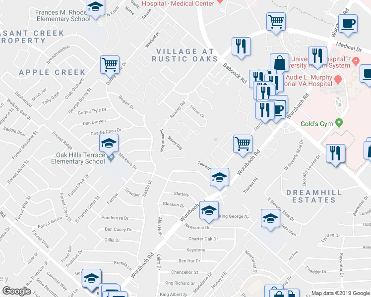 map of restaurants, bars, coffee shops, grocery stores, and more near 5414 Bright Run in San Antonio