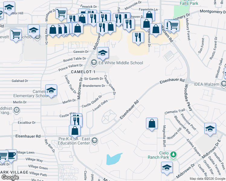 map of restaurants, bars, coffee shops, grocery stores, and more near 5667 Castle Glade in San Antonio