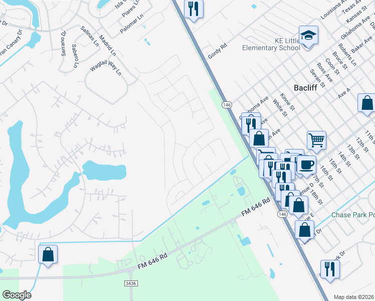 map of restaurants, bars, coffee shops, grocery stores, and more near 4099 Texas 146 in Bacliff