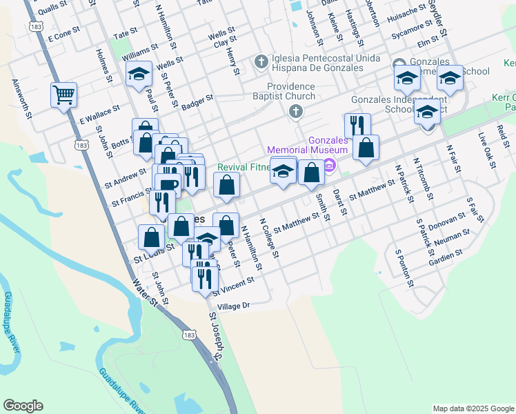 map of restaurants, bars, coffee shops, grocery stores, and more near 426 North College Street in Gonzales