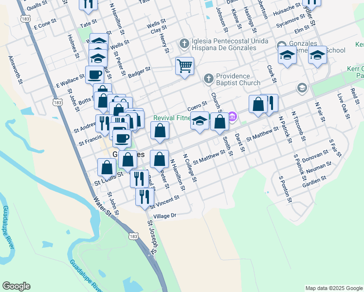 map of restaurants, bars, coffee shops, grocery stores, and more near 426 North College Street in Gonzales