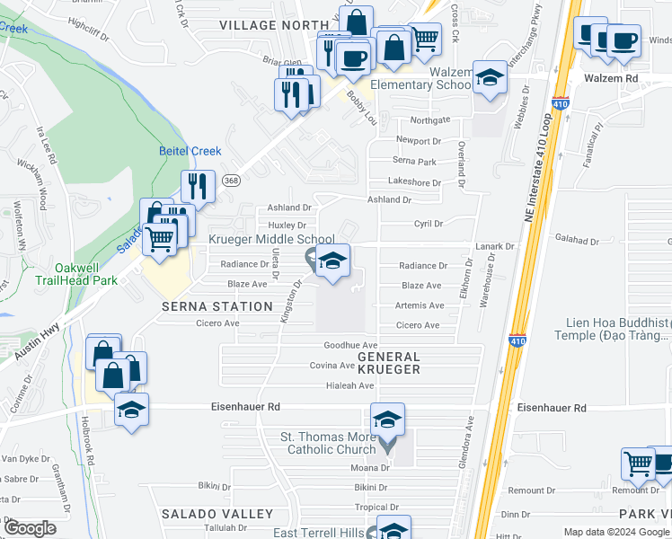 map of restaurants, bars, coffee shops, grocery stores, and more near 438 Lanark Drive in San Antonio